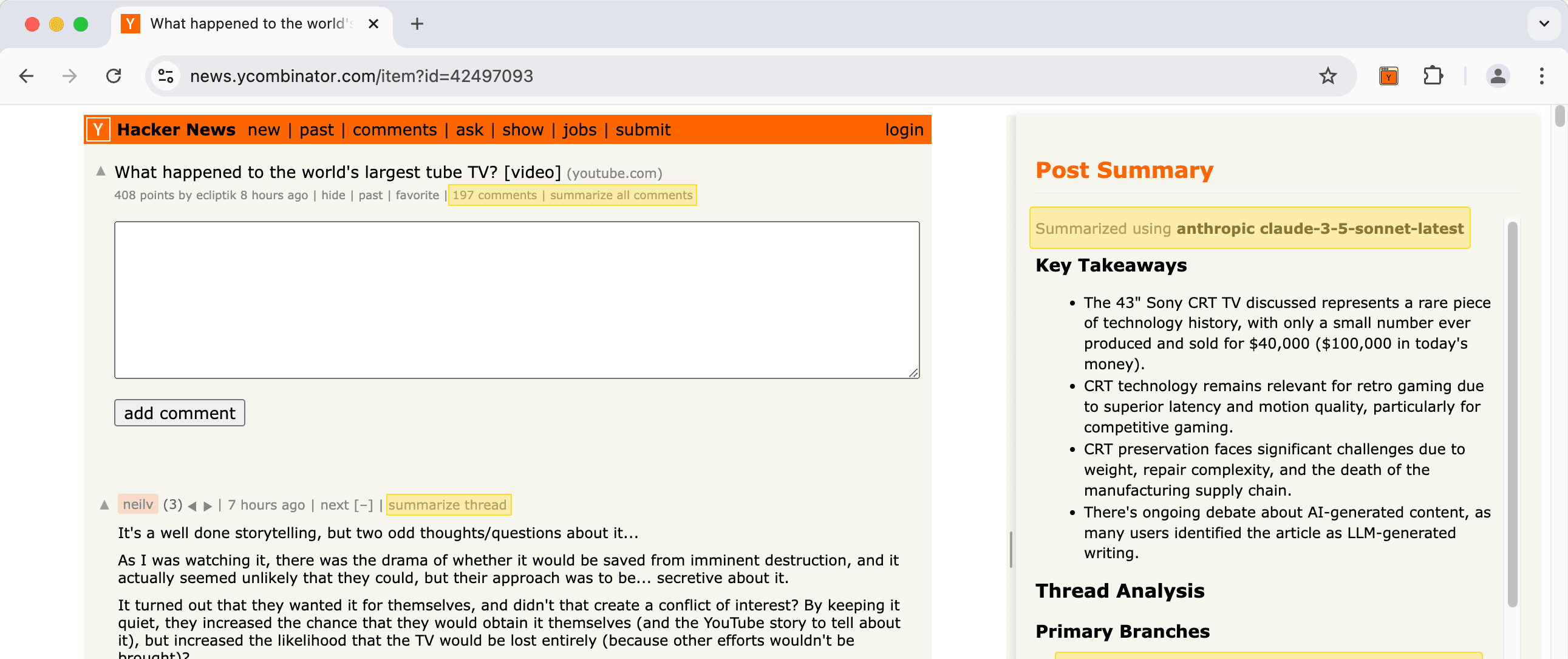 Summarize Hacker News Comments with AI Browser Plugin